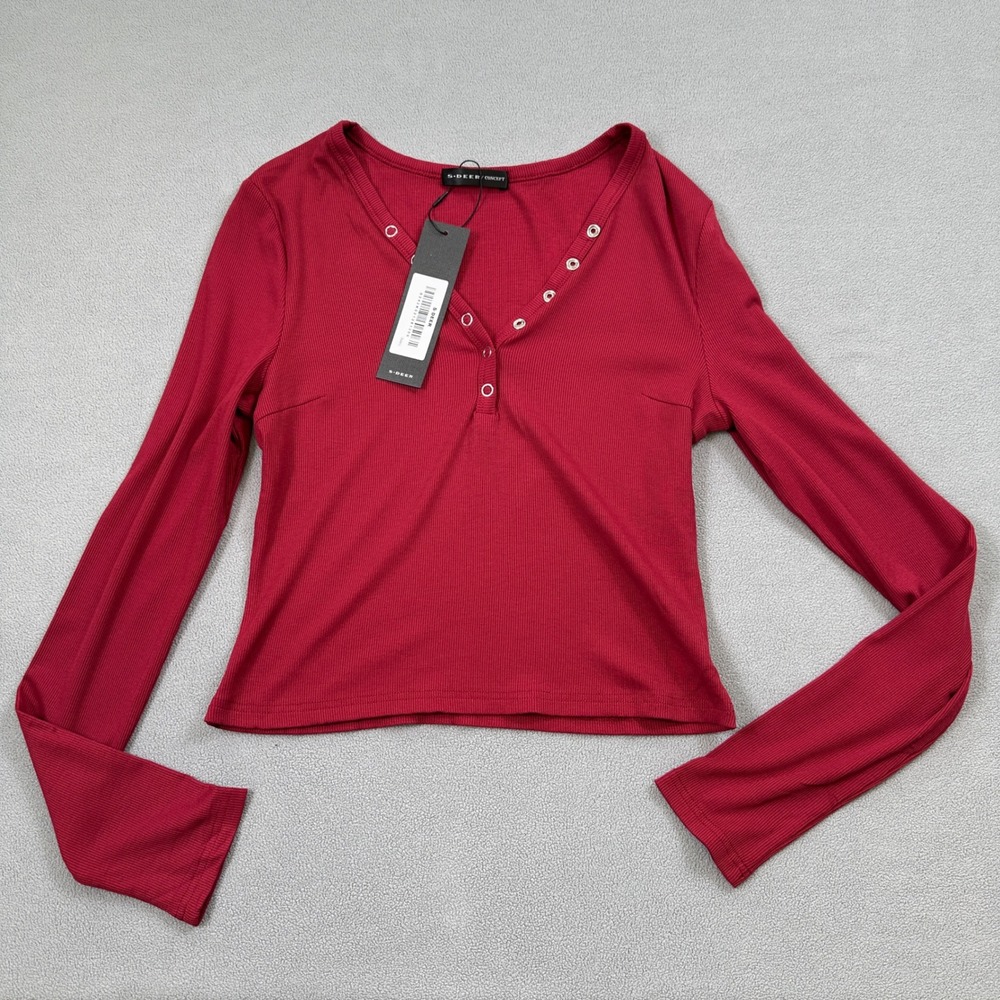 NWT S.DEER Ribbed Top Womens L Red Long Sleeve Henley Top Snap Button V Neck